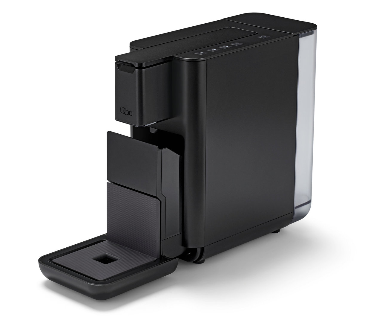 Schwarze Qbo ICONIC Dark Chrome Kaffeemaschine mit geöffneter Tropfschale.