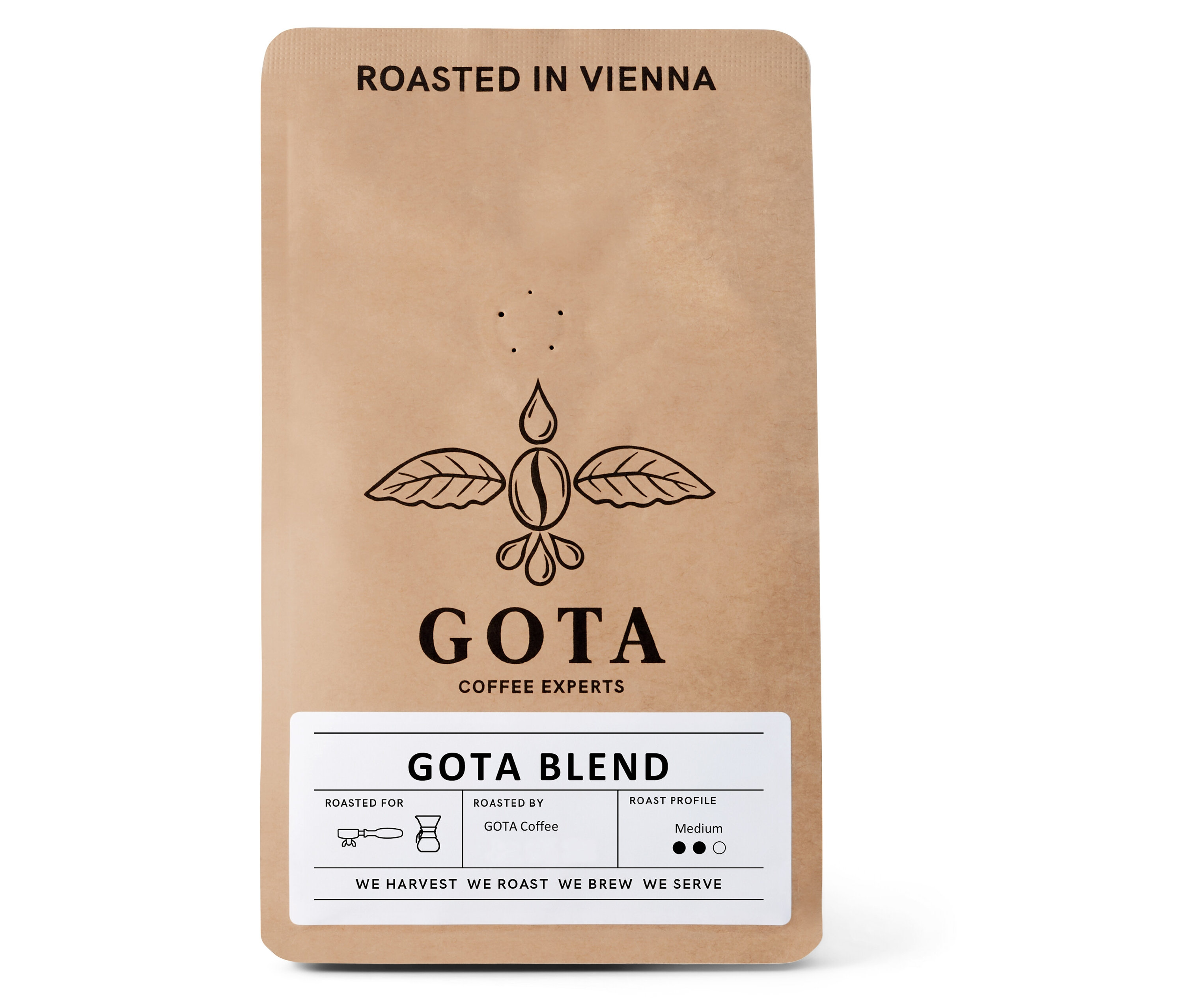 Eine Packung Gota Coffee - Gota Blend Omni-Roast - 250 g ganze Bohne.