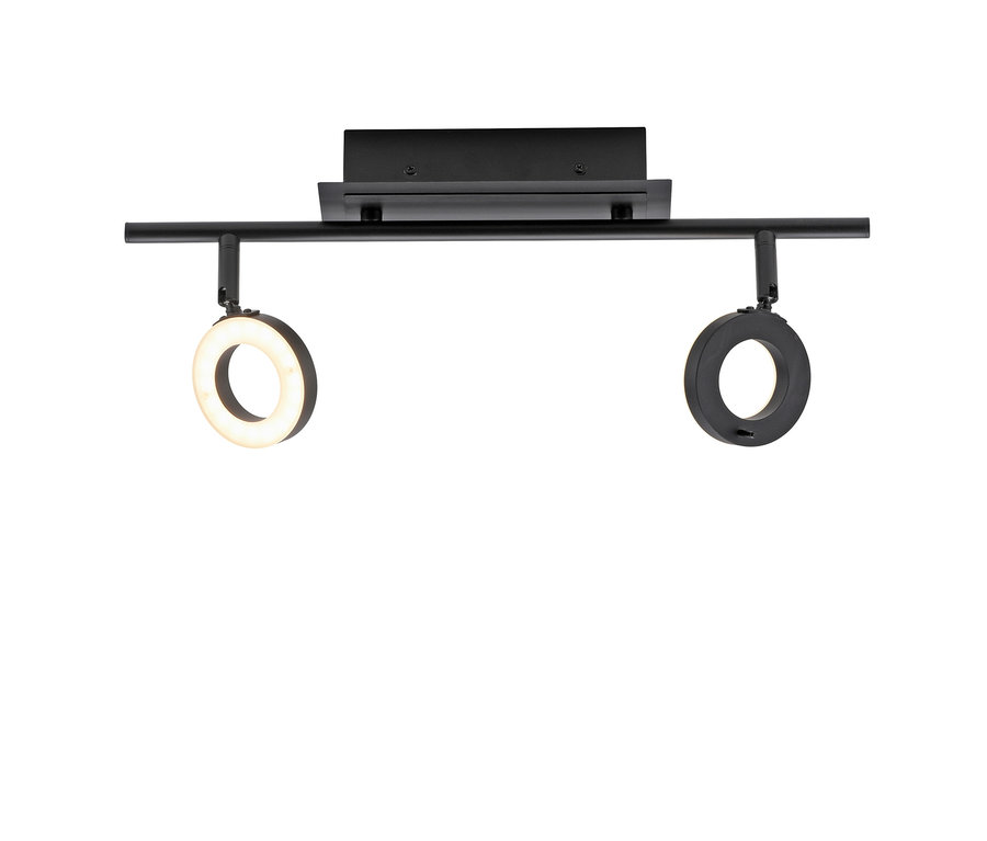 Eine kleine, schwarze Paul Neuhaus LED-Deckenleuchte »Sileda« mit zwei runden Lichtern.