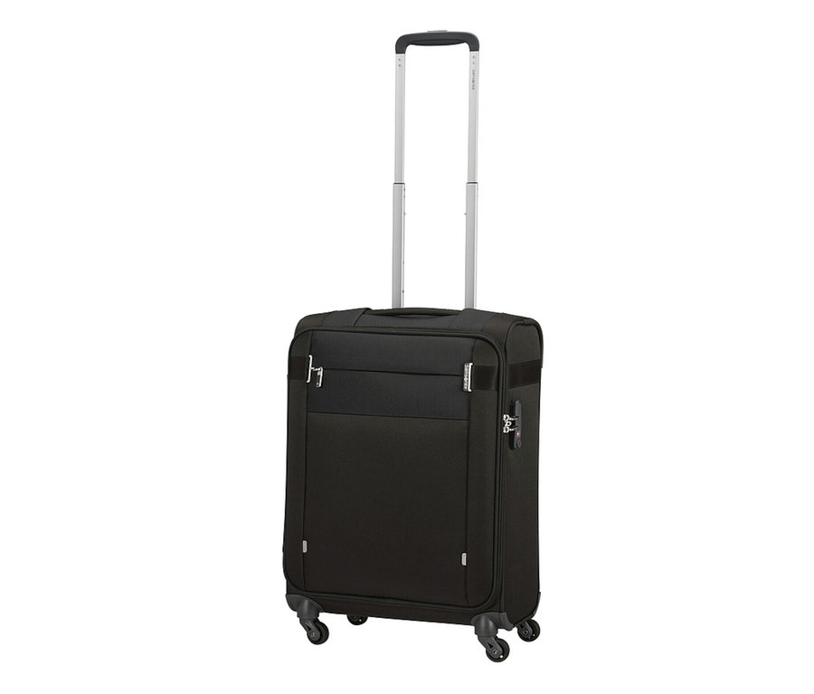 Ein schwarzer Samsonite CITYBEAT SPINNER Koffer mit ausziehbarem Griff und Rollen.