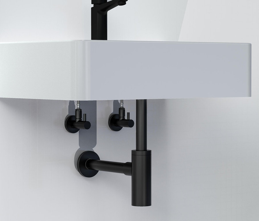 Detailansicht eines Waschbeckens mit schwarzer Armatur und zwei Kirchhoff MS Eckventilen mit Rosette.