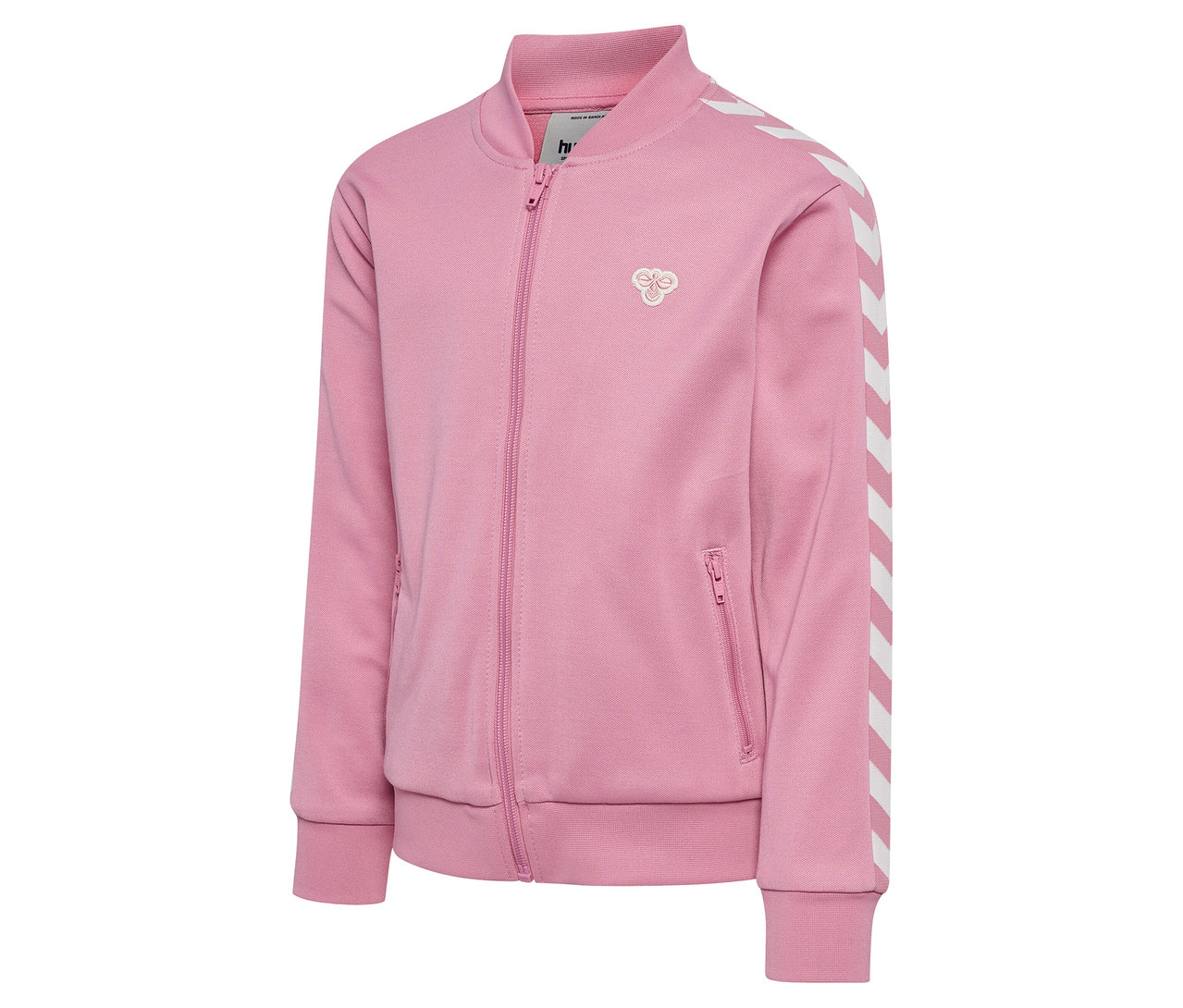 Rosa HUMMEL HMLJR Archive Reg Poly Zip Jacket mit weißen Streifen an den Ärmeln.