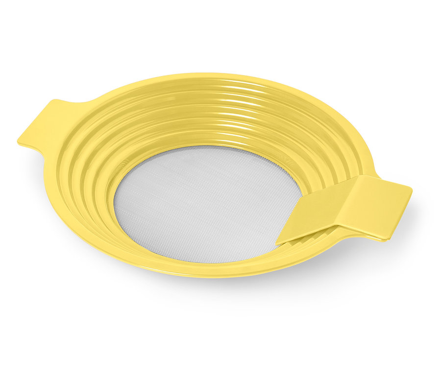 Gelber Silikondeckel für eine Pfanne mit einer transparenten Mitte.