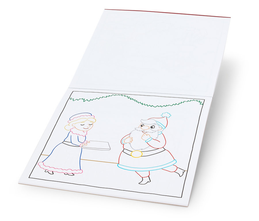 Offenes Buch mit einer Abbildung von Santa Claus und einer Frau im Kleid.