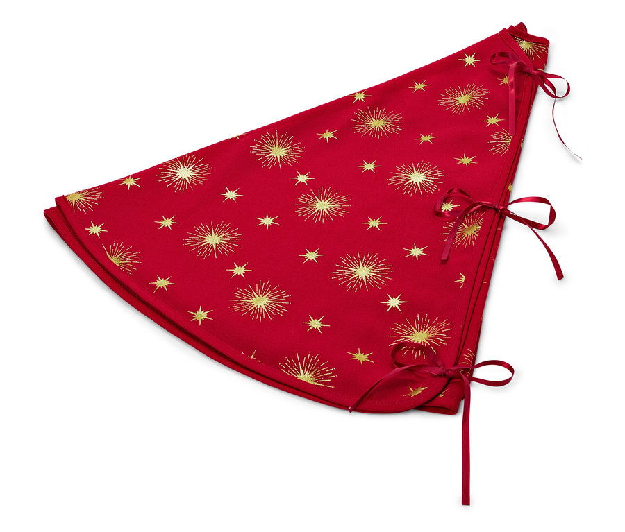 Rote Christbaumdecke mit goldenen Sternen und Bändern.