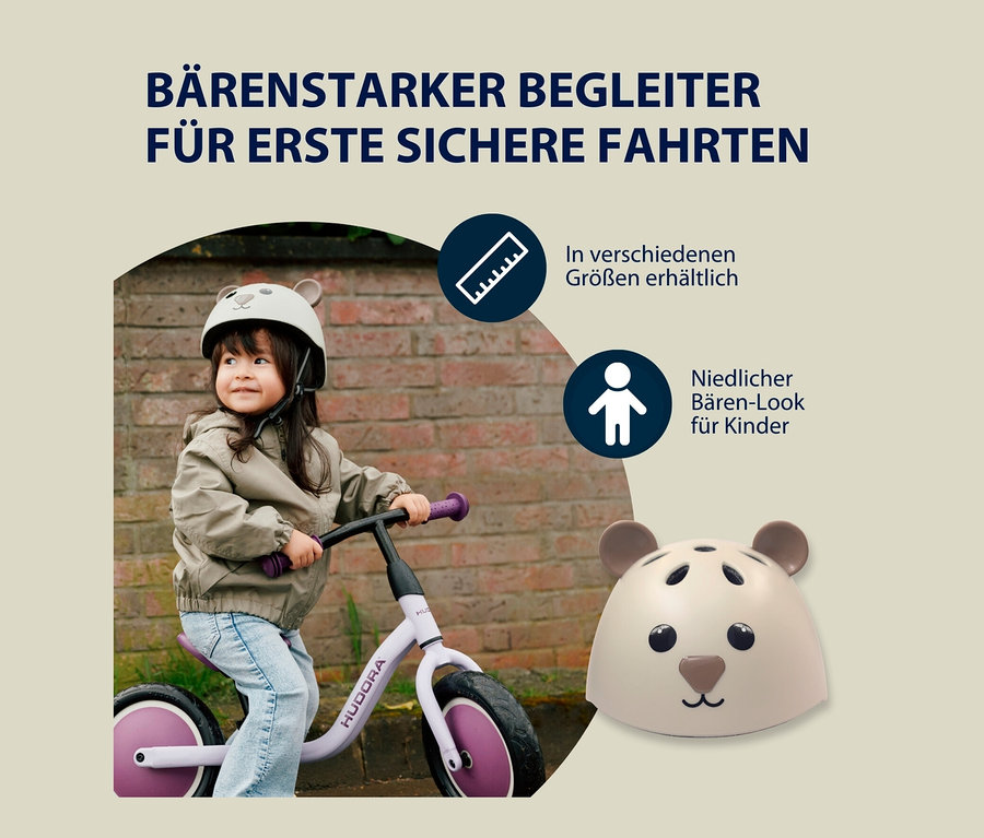 Kind fährt mit Laufrad und trägt HUDORA Kinderhelm, Beary, 44–47 cm.