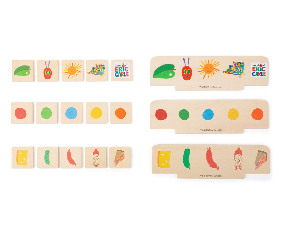 small foot Bildersortierbox »Raupe Nimmersatt« aus Holz mit Bildern einer Raupe und Lebensmitteln.