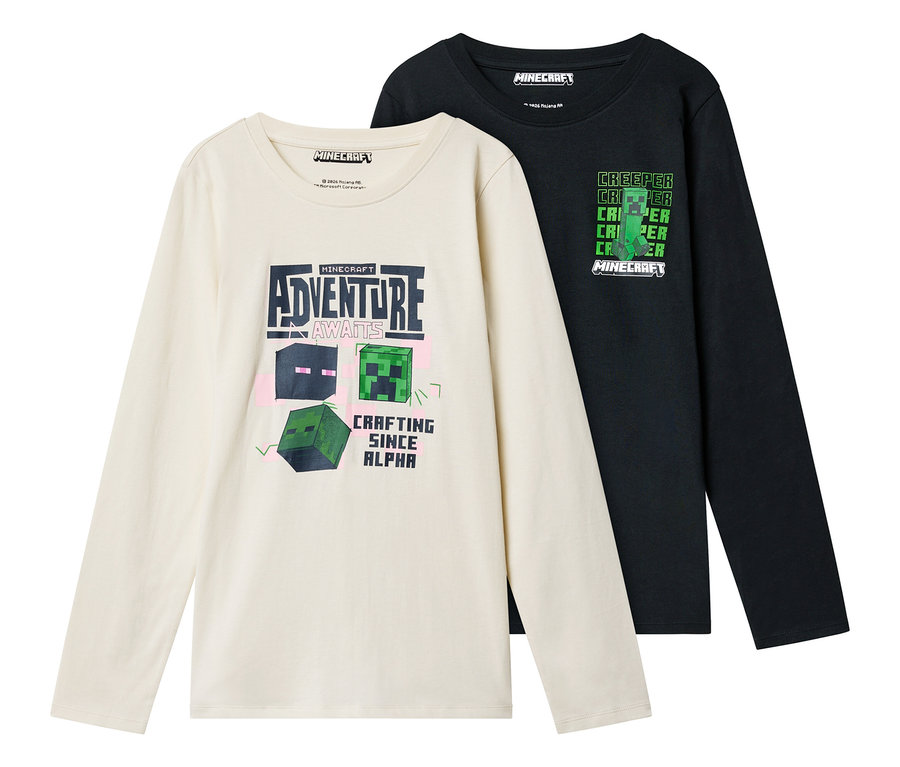 Zwei langärmlige Minecraft-Shirts, eines beige mit Adventure-Aufdruck und eines schwarzes mit Creeper-Aufdruck.