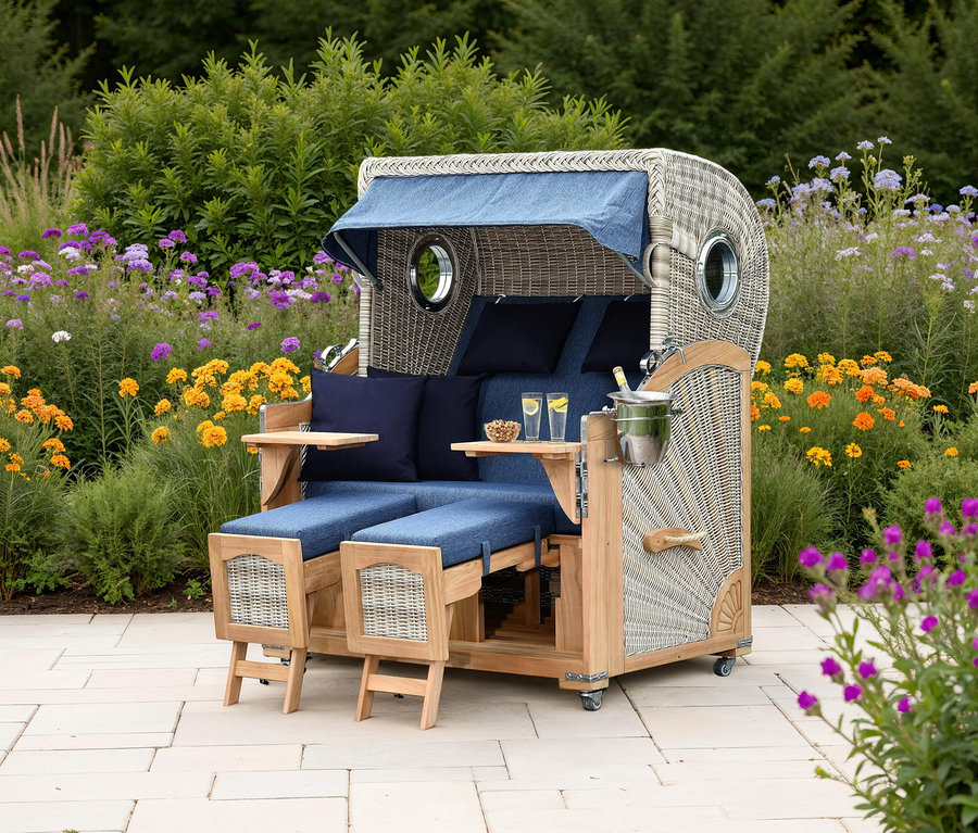 Ein hölzerner Strandkorb mit blauem Bezug steht auf einer Terrasse, umgeben von Blumen.