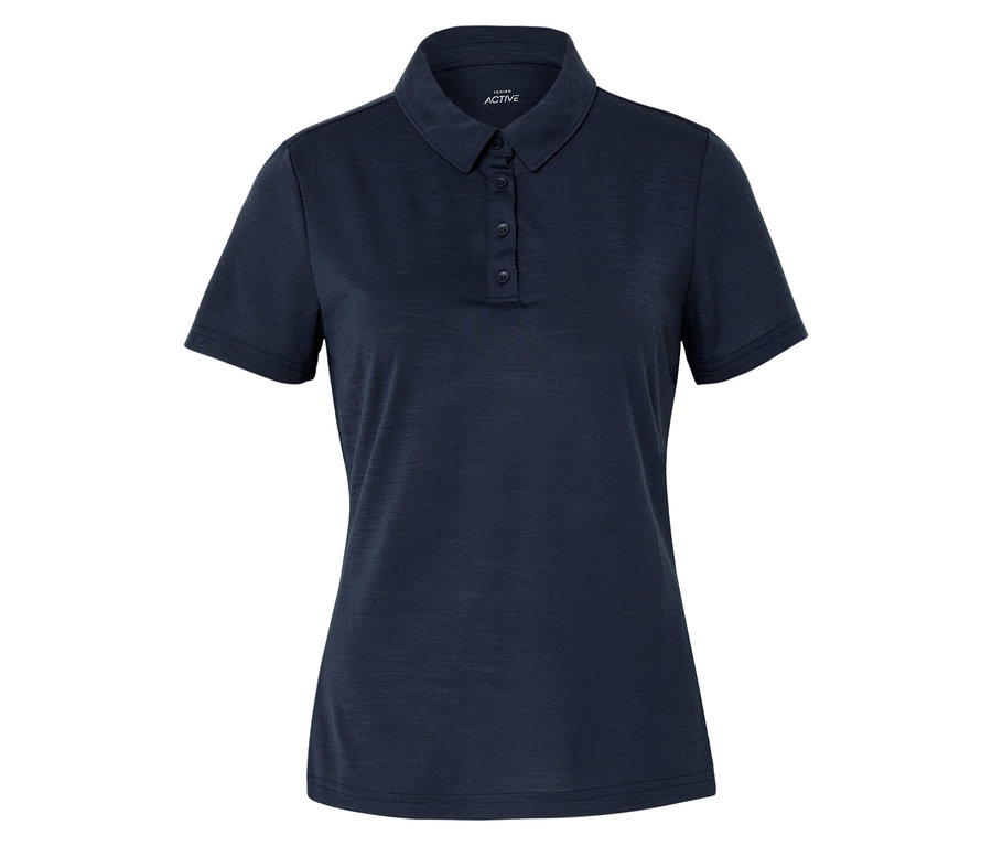 Marineblaues Sport-Poloshirt mit Merinowolle mit kurzen Ärmeln und Knopfleiste.