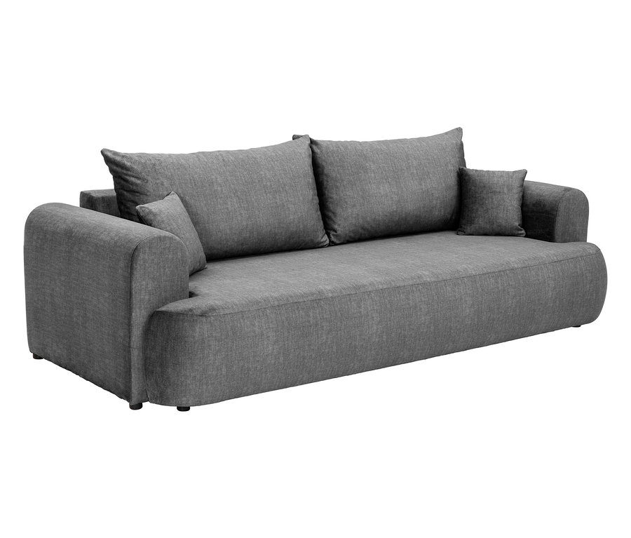 Graues Sofa mit drei Rückenkissen und zwei Armlehnenkissen.