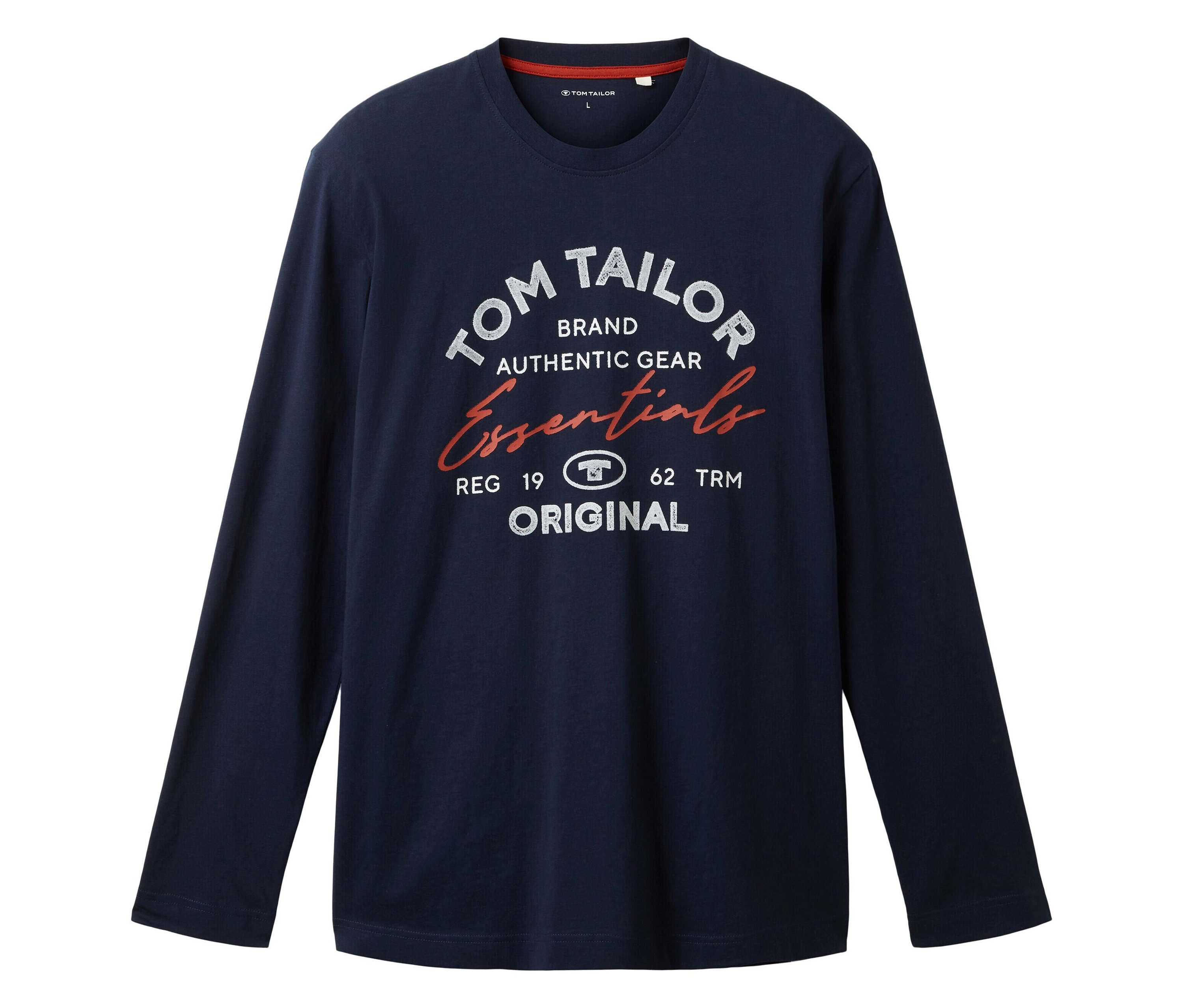 Dunkelblaues Tom Tailor Langarmshirt mit weißem Aufdruck.
