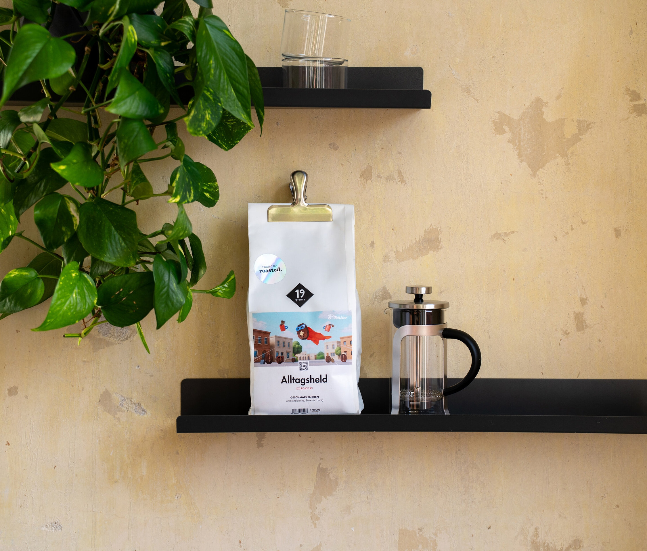 Auf einem Regal steht eine Packung Kaffee neben einer Kaffeepresse, darüber hängt eine Pflanze.