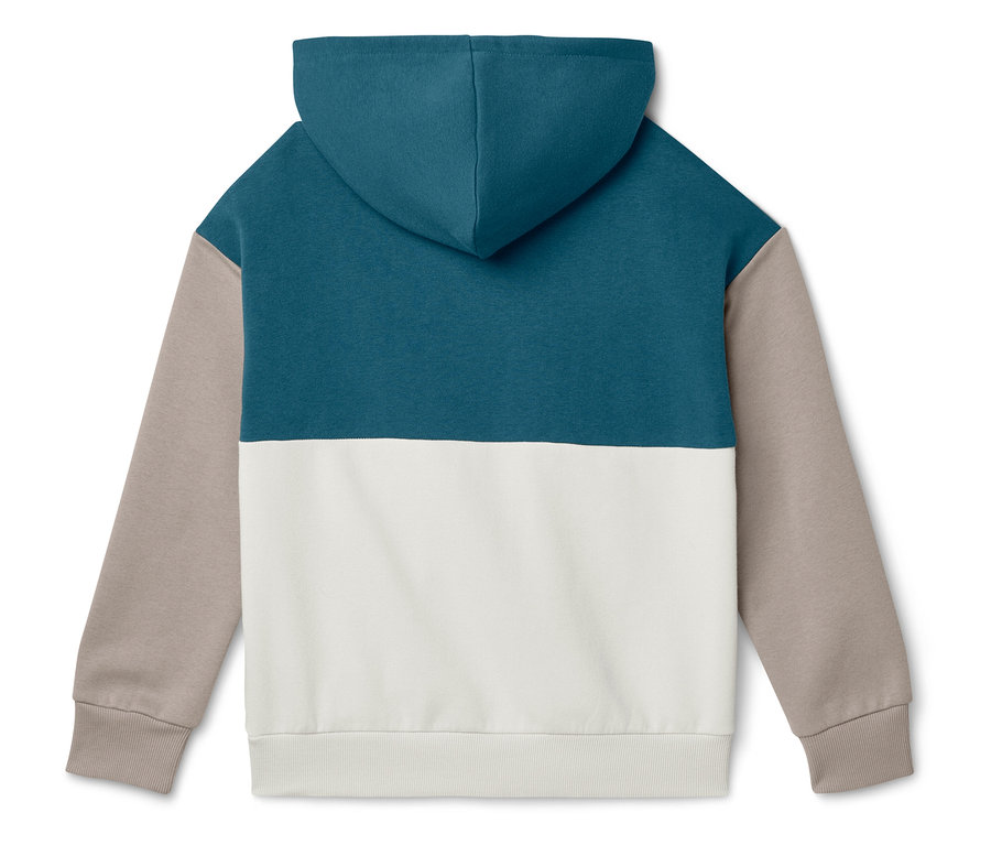 Rückansicht eines Colour-Block-Hoodies in Blau, Weiß und Beige.