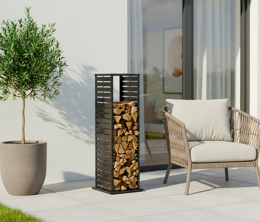 Draußen steht ein Olivenbaum neben einem schwarzen Holzregal, gefüllt mit Holzscheiten und einem Korbstuhl mit Kissen.