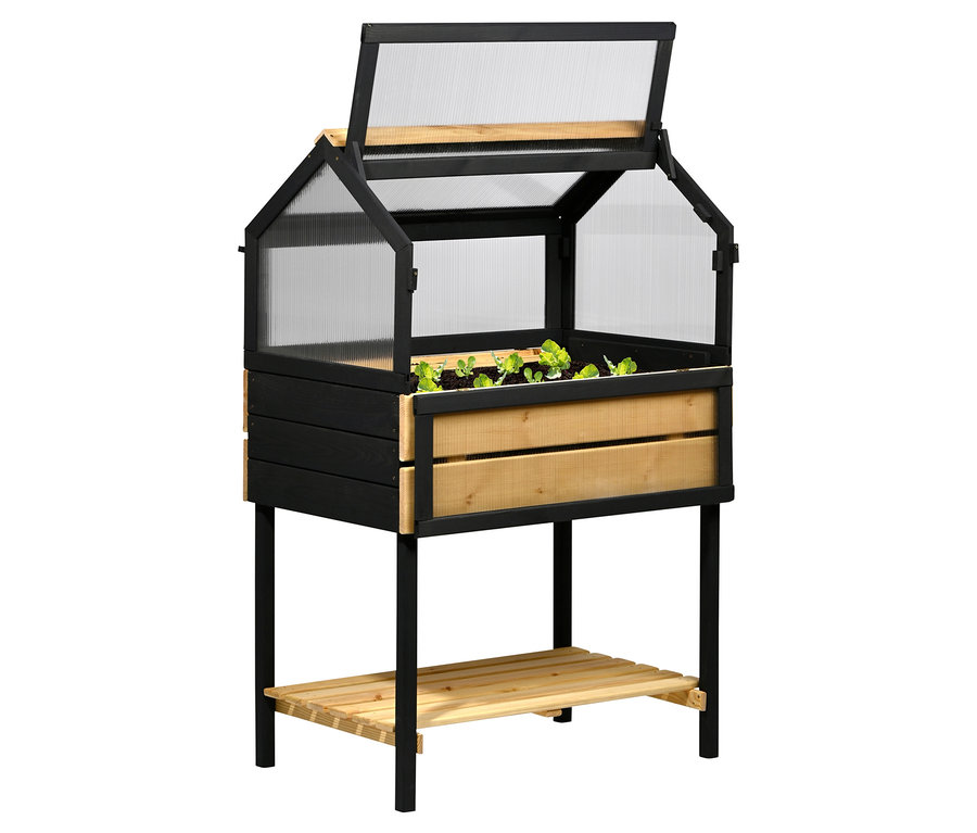 Ein 4-Jahreszeiten-Hochbeet, L, mit geöffnetem transparentem Dach, steht auf einem schwarzen Rahmen mit einem Ablageboden und Pflanzen.