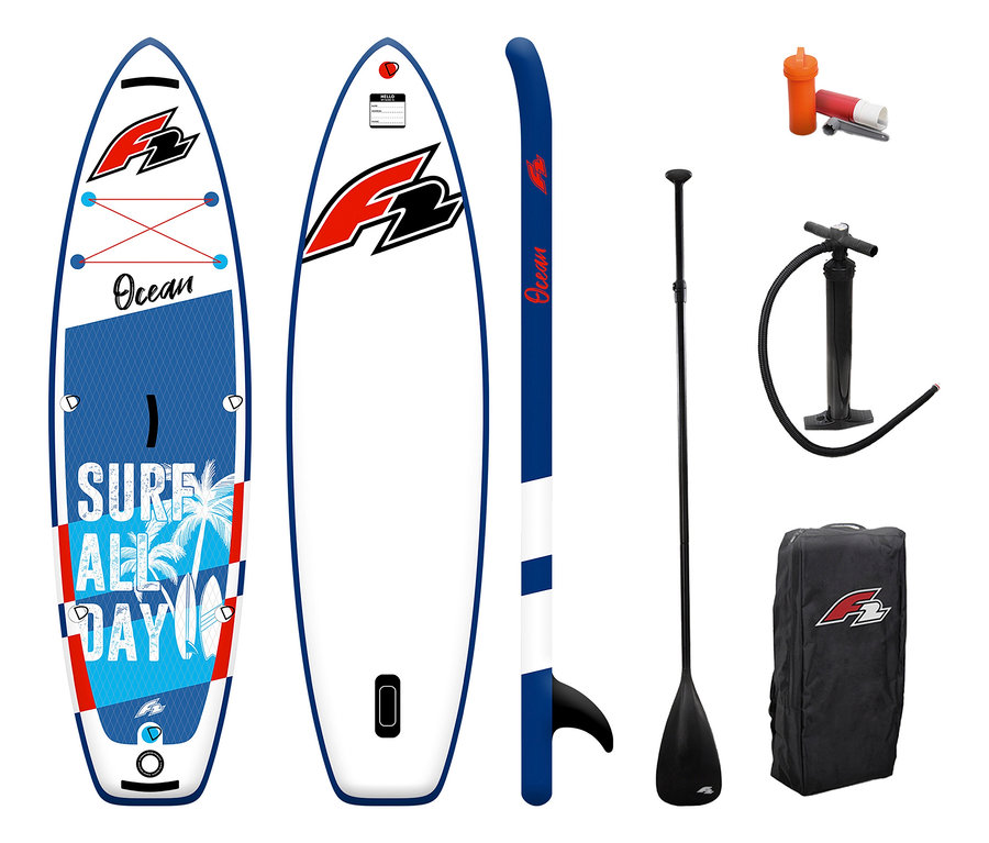 Zubehör für F2 SUP Board »Ocean Boy«: zwei Boards, Paddel, Pumpe, Tasche und Reparaturset.