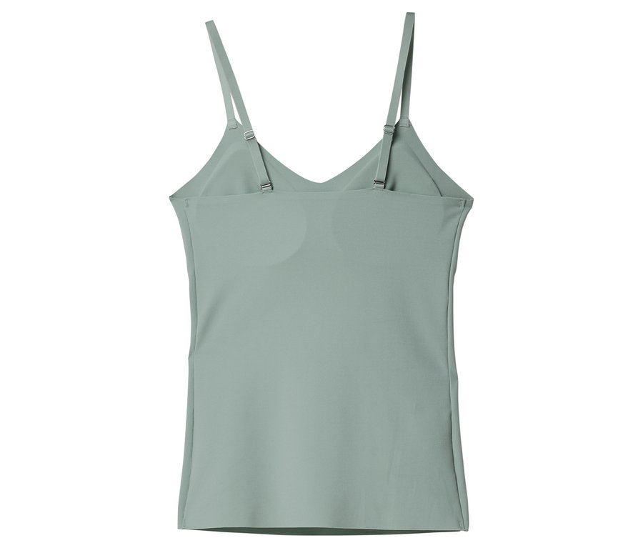 Hellgrünes Tanktop mit Spaghettiträgern, von hinten fotografiert.