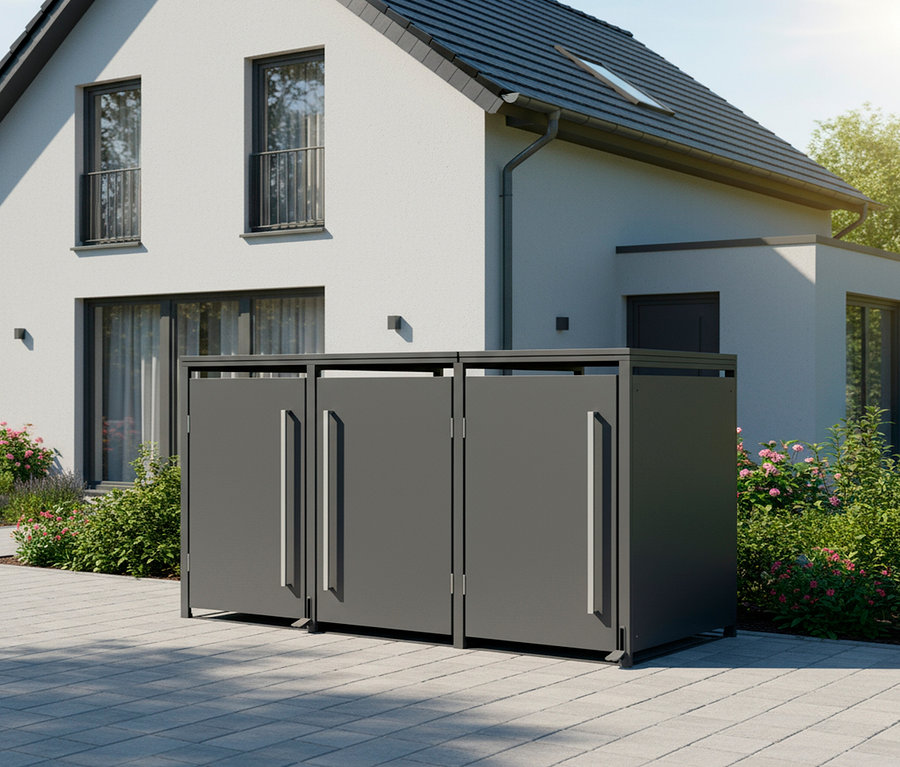 Graue Mülltonnenbox mit drei Türen vor einem weißen Haus mit dunklem Dach.