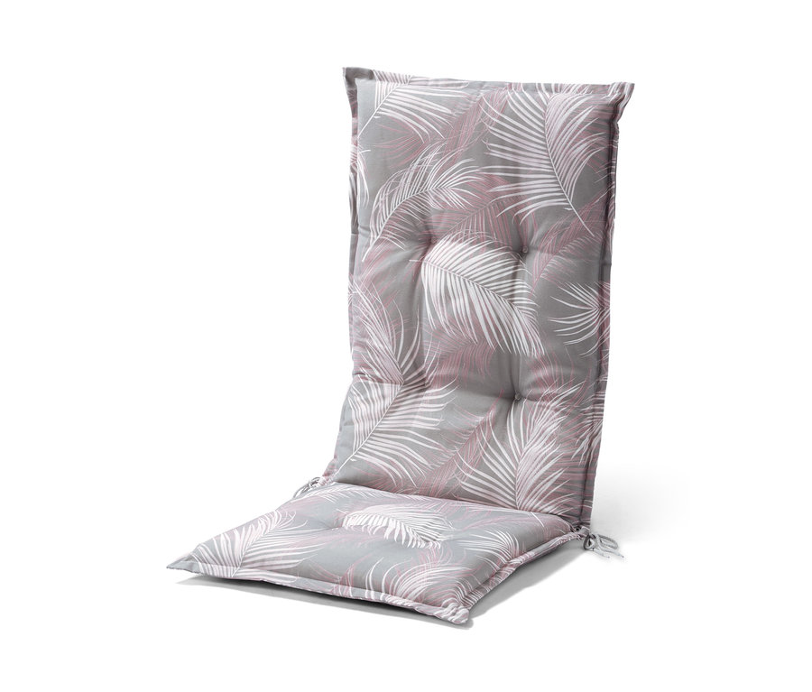 Hochlehner-Auflage mit grauem Palmenmuster.