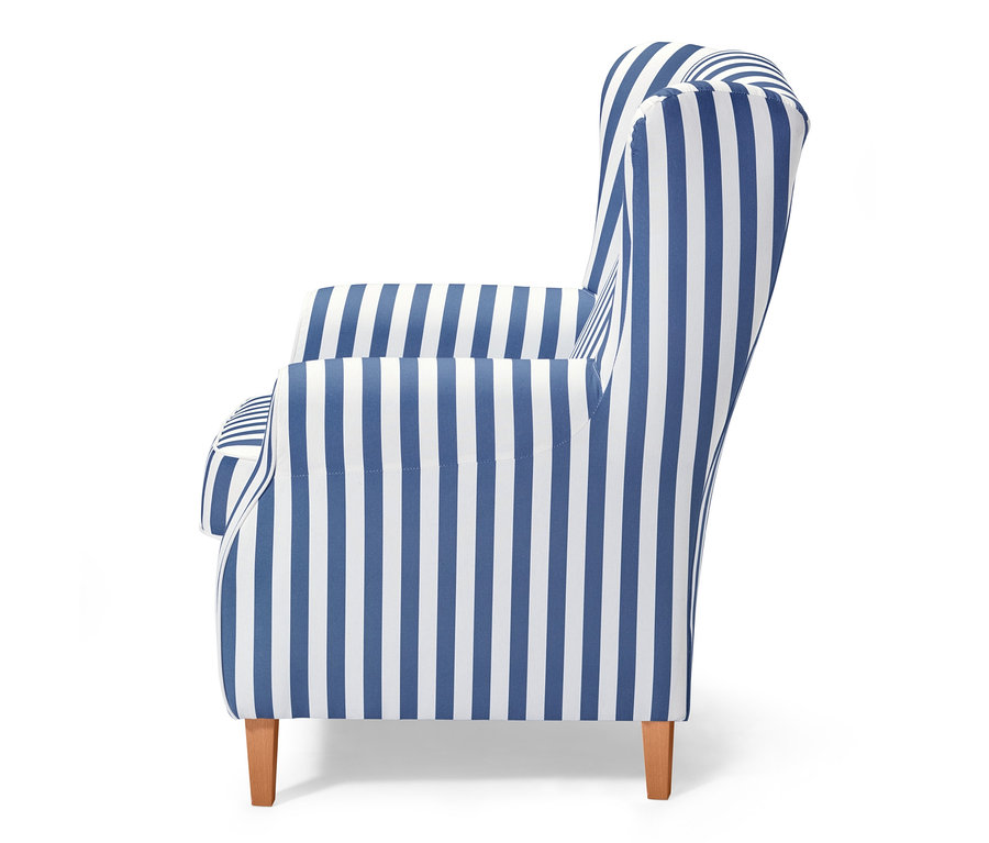 Seitenansicht eines blau-weiß gestreiften Ohrensessels.
