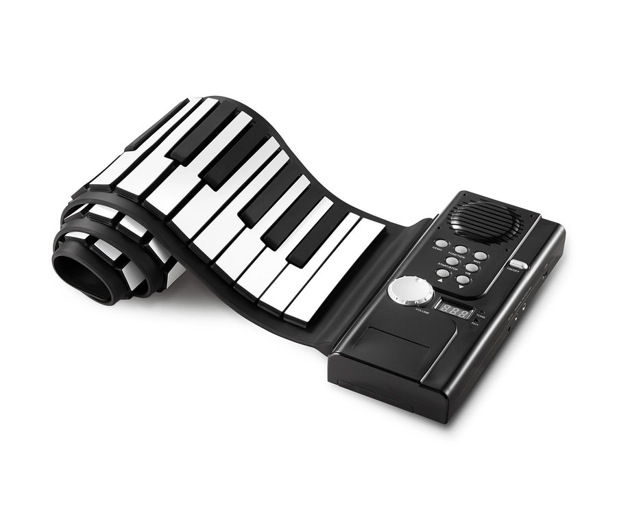 Schwarzes elektronisches Rollpiano mit weißen und schwarzen Tasten.