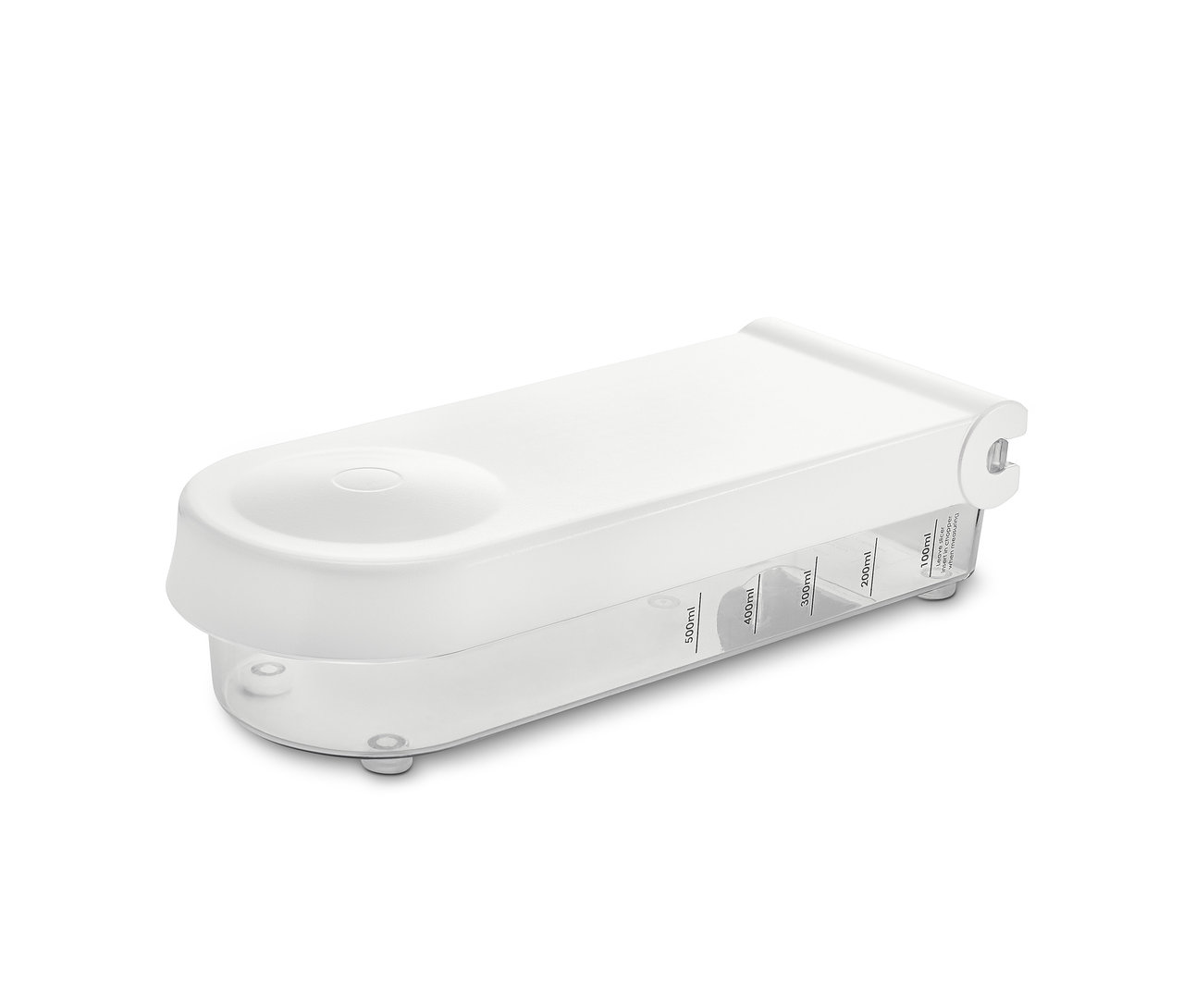 Weißer Obst- und Gemüseschneider mit Behälter.