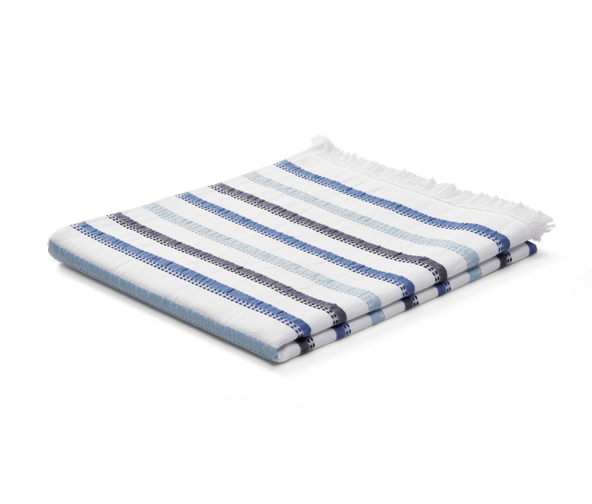 Gefaltetes Hamam-Tuch mit blauen und grauen Streifen.