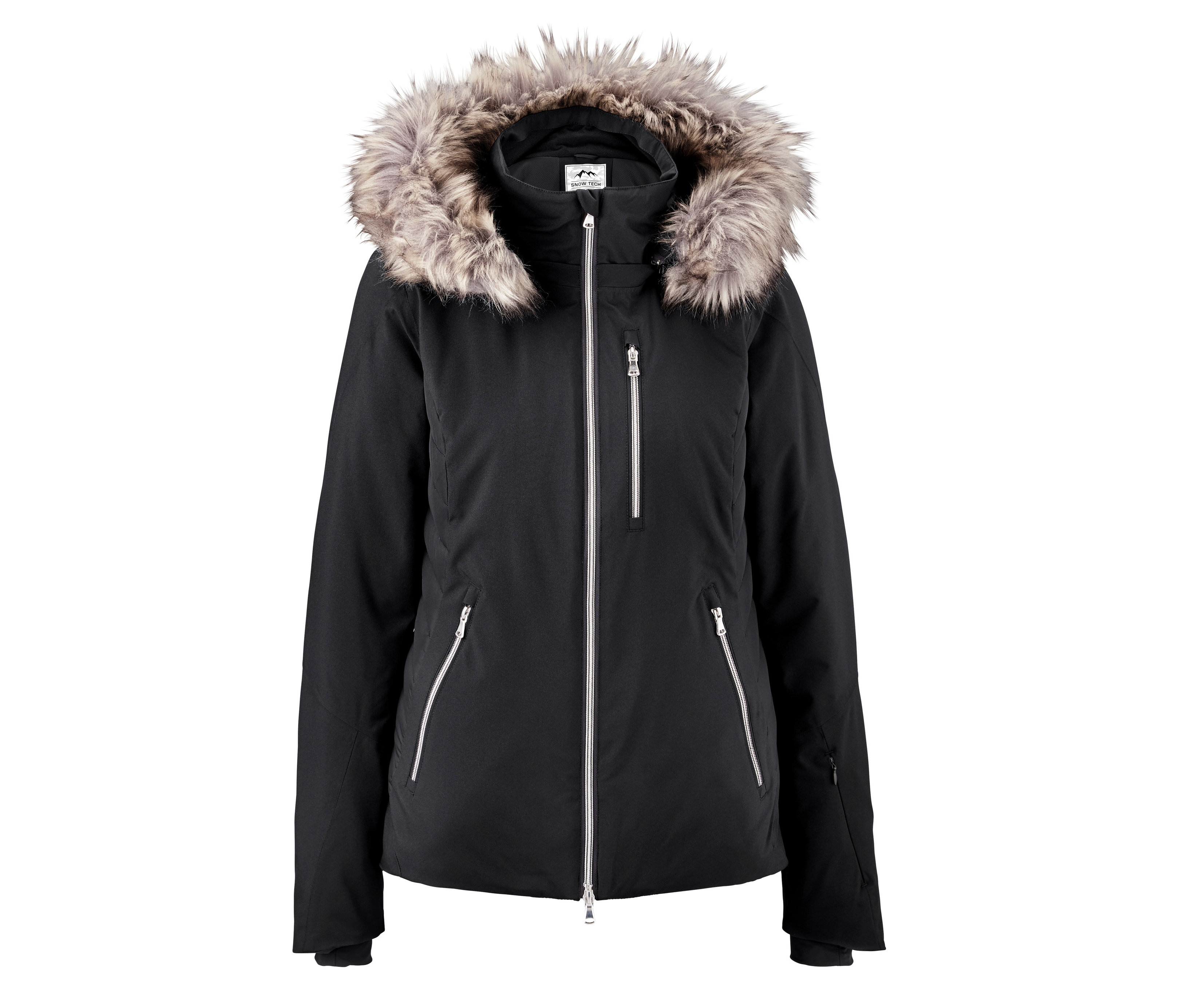 Eine schwarze Softshell-Skijacke mit einer Kapuze, die mit Fell gefüttert ist.