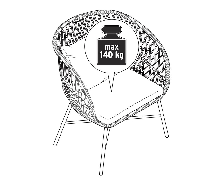 Illustration eines »Boho« Loungesessels mit Polyrattangeflecht, maximale Belastung 140 kg.