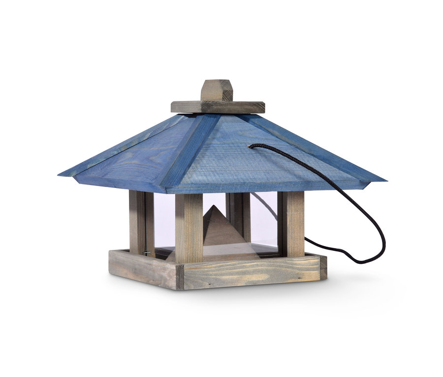 Nahaufnahme von einem Dobar-Vogelfutterhaus »Maritim«, einem Vogelfutterhaus mit blauem Dach und grauem Sockel, mit einer Schnur zum Aufhängen.