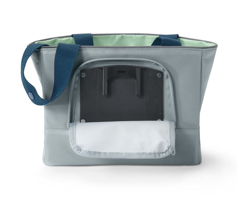 Graue Fahrradlenker-Tasche mit blauen Trägern.