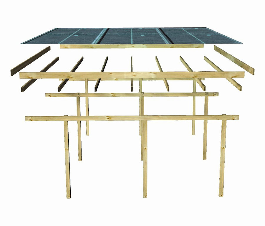 Explosionsdarstellung des Karibu Carports mit Abstellraum, Seiten- und Rückwand, 19 mm, (Elco 2).