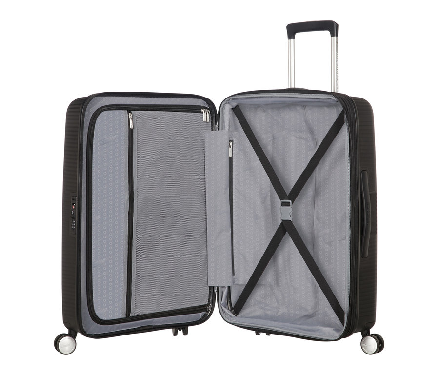 Geöffneter schwarzer American Tourister Hartschalen-Koffer »Soundbox« Spinner.