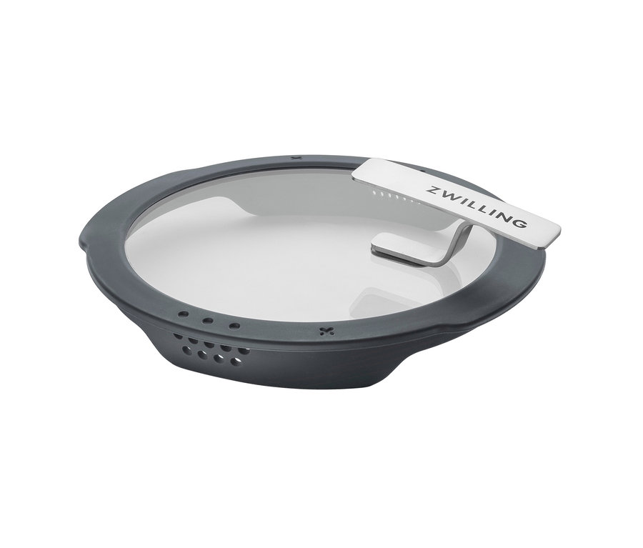 Detailansicht eines grauen Topfdeckels mit klarem Glas und silbernem ZWILLING-Griff.