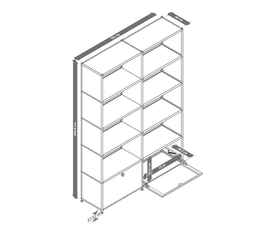 Eine Schemazeichnung eines Regals »CN3« mit 2 Klappen. Abmessungen: Höhe 194,5 cm, Breite 152 cm, Tiefe 40 cm. Eines der Fächer ist geöffnet.