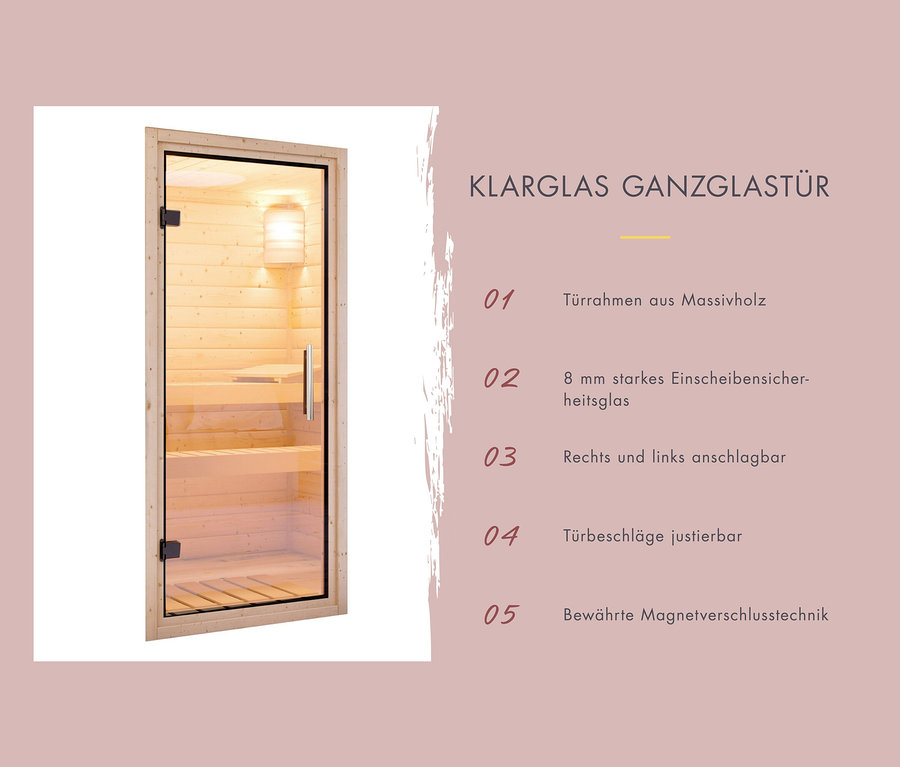 Klare Ganzglastür mit Massivholz-Türrahmen.