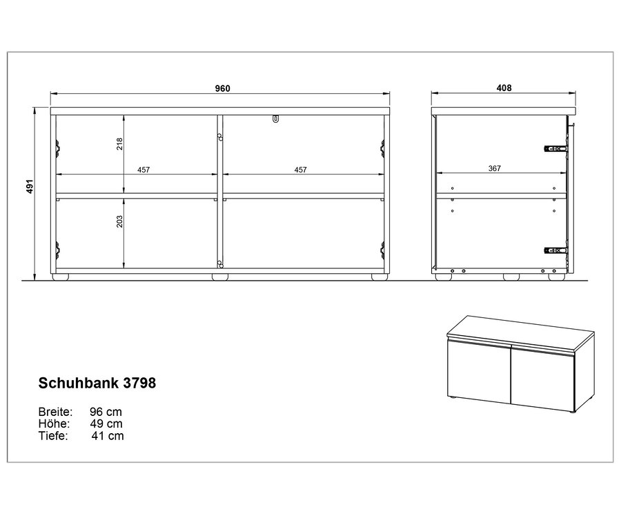 Diagramme einer Schuhbank »Vik« mit Abmessungen.