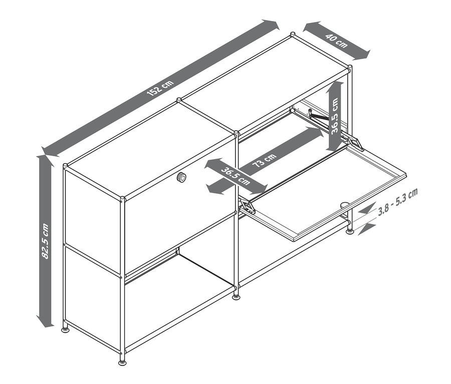 Skizze eines Sideboards Metall »CN3« mit 2 versetzbaren Klappenfächern und Abmessungen.