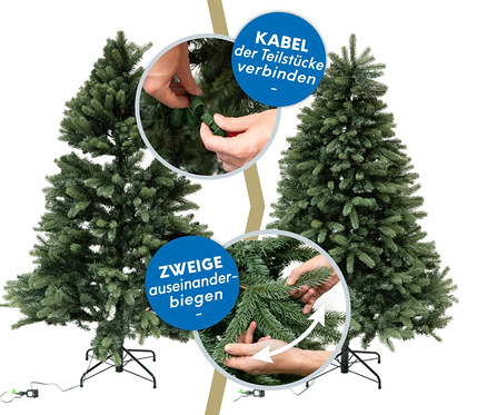 Aufbau künstlicher Weihnachtsbaum »Roswell« mit LED-Lichterkette, 150 cm: Zweige auseinanderbiegen, Kabel verbinden.
