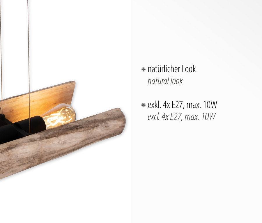 Detail der Pendelleuchte »Log« aus Holz mit Glühbirnen.