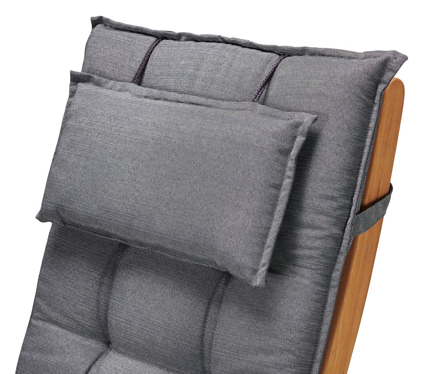 Detail einer hellgrauen Premium-Hochlehner-Auflage auf einem Holzrahmen.