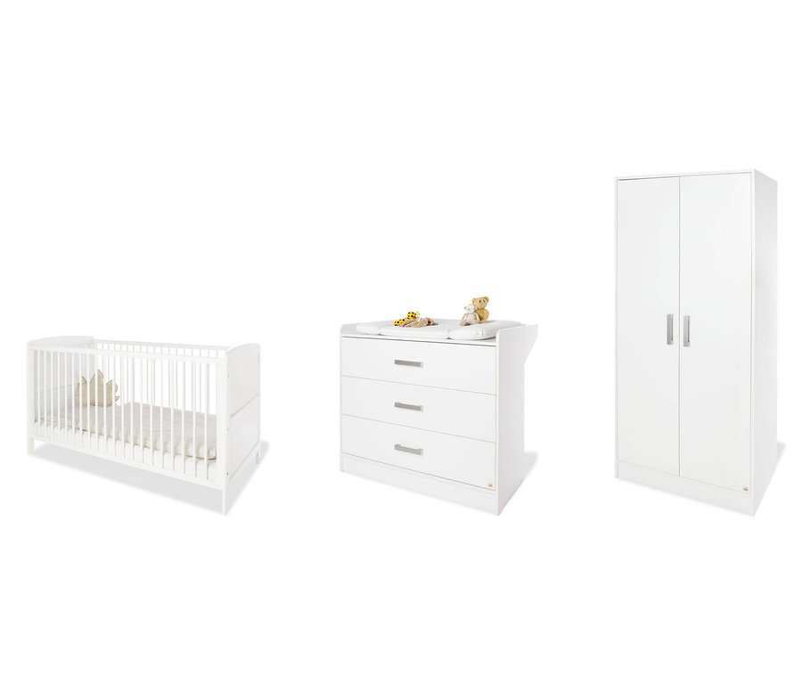 Weißes Kinderbett, Kommode mit Wickelaufsatz und Kleiderschrank. 3-teiliges Pinolino Set »Viktoria« breit