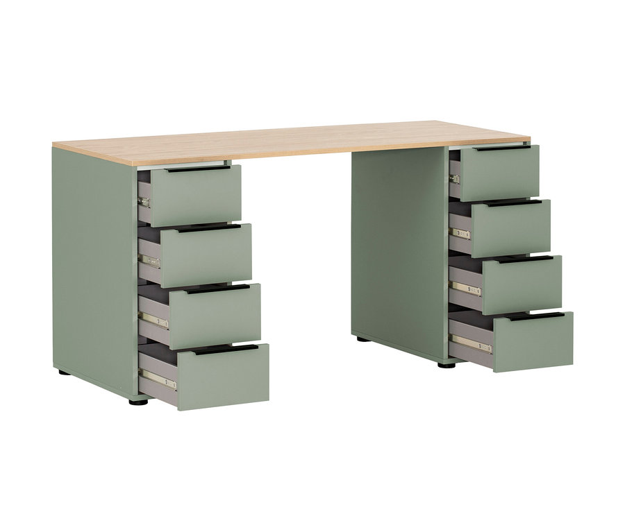 Pistazienfarbener Schreibtisch Elma mit Holzplatte und Schubladen.
