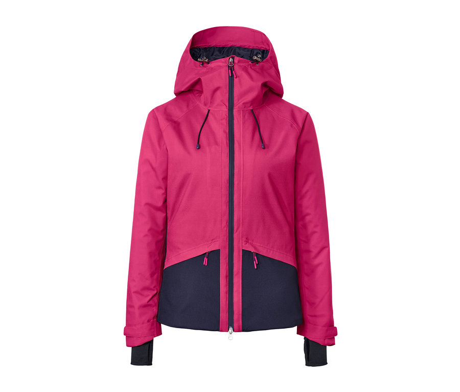 Pinke und marineblaue Skijacke mit Reißverschluss und Kapuze.