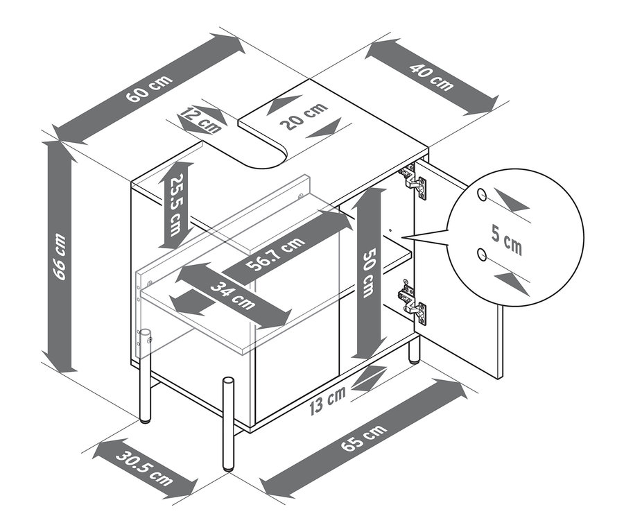 Schema eines Waschbeckenunterschranks mit Holzfurnier und Abmessungen.