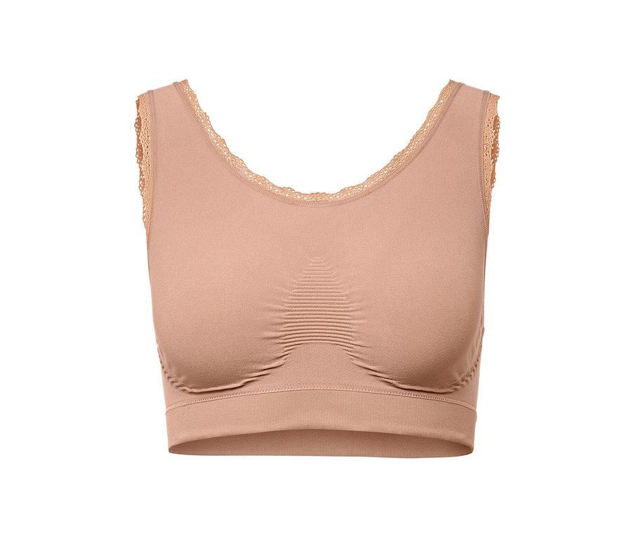 Ein beiger Seamless-Bustier mit Spitze.