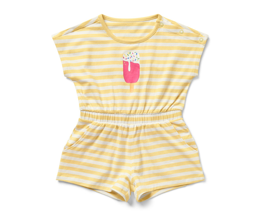 Gelb-weißer gestreifter Kinder-Jumpsuit mit Eis-Motiv.