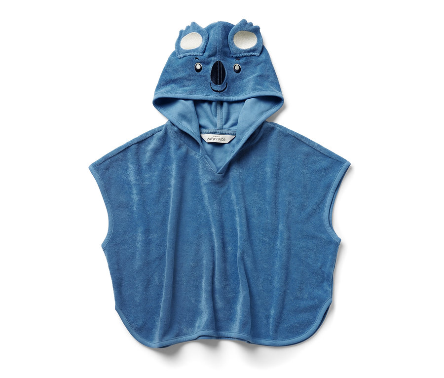 Blauer Kinder-Frottierponcho mit Koala-Applikation auf der Kapuze.