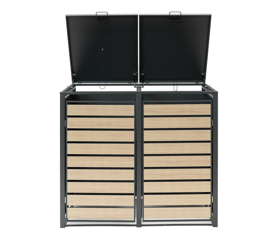 Mülltonnenbox, 2er mit geöffneten Deckeln und horizontalen Holzlamellen.